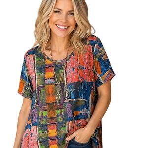 Parsley & Sage Abstract Art Tee Womens Large Petite Multicolor Colorful Top